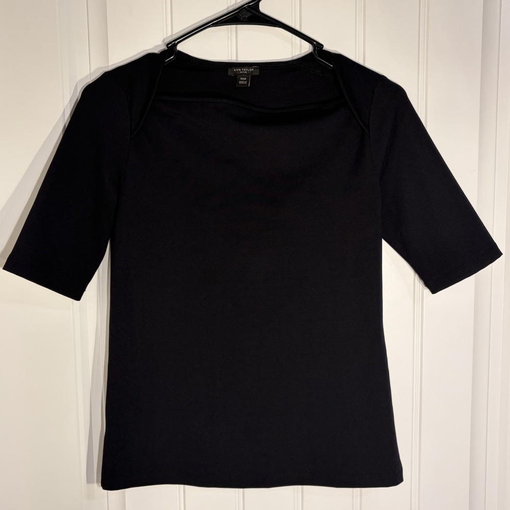 Ann Taylor Petite Top Women‎ XXSP Black Short Sleeve Square Neck Stretch Blouse